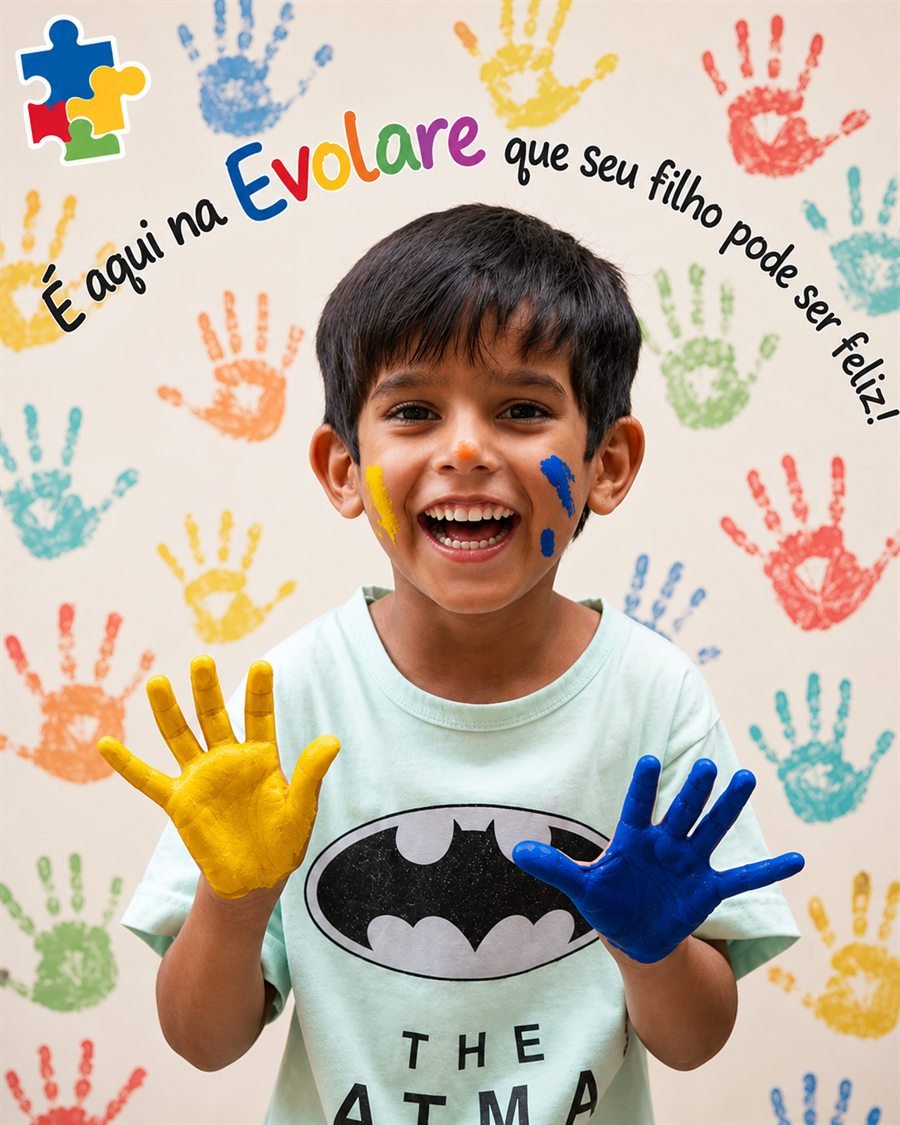Criança sorrindo com as mãos pintadas de amarelo e azul, ao lado da frase: é aqui na Evolare que seu filho pode ser feliz