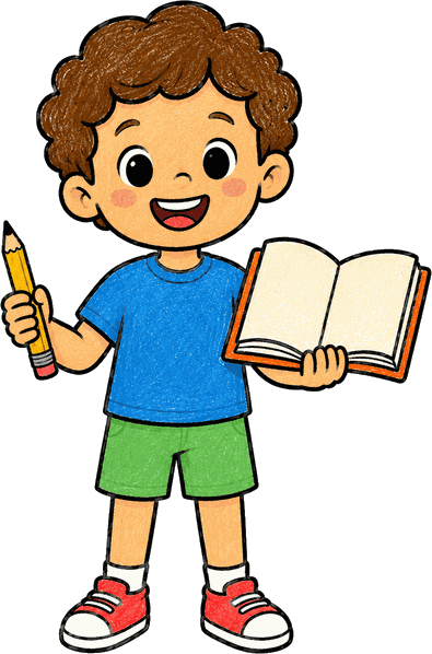 Criança segurando um lápis e um livro aberto